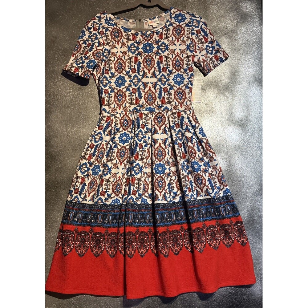 Lularoe Amelia Red Blue Black White Paisley Medallion L Dress S NWT Pockets Fall